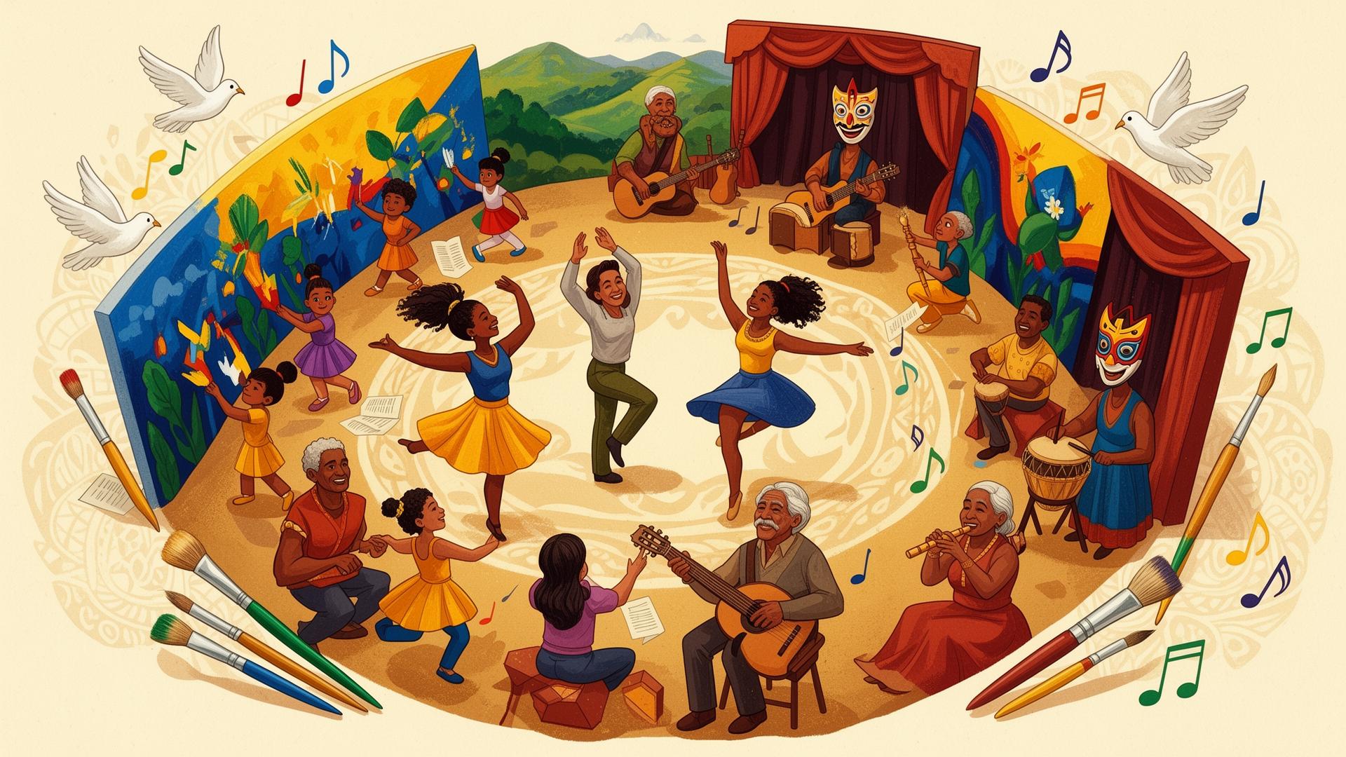 Comunidad diversa de niñas, niños, adolescentes, adultos y adultos mayores pintando, danzando, tocando música y haciendo teatro