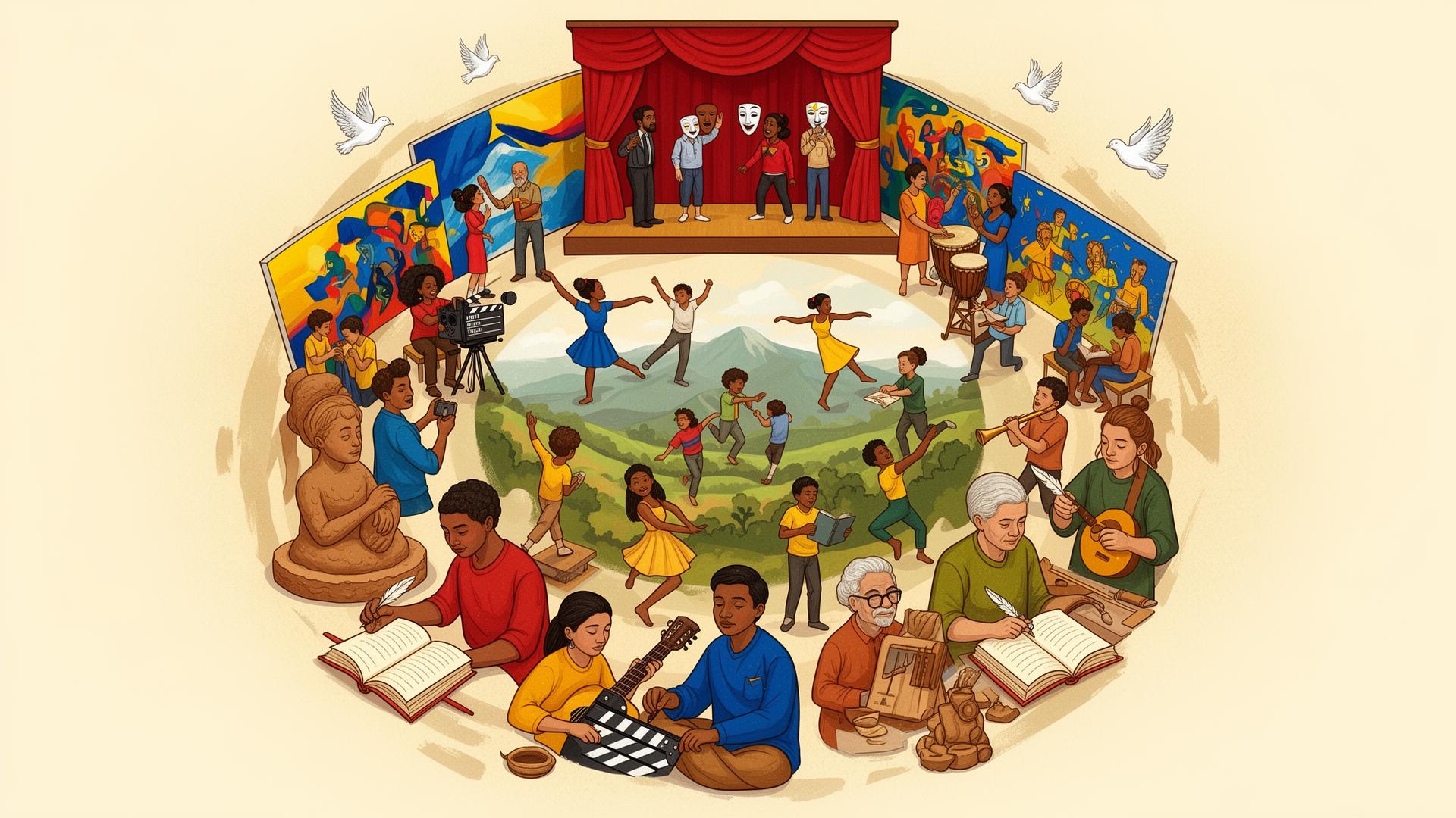 Comunidad diversa creando arte: escultura, cine, teatro, literatura, danza, música y pintura