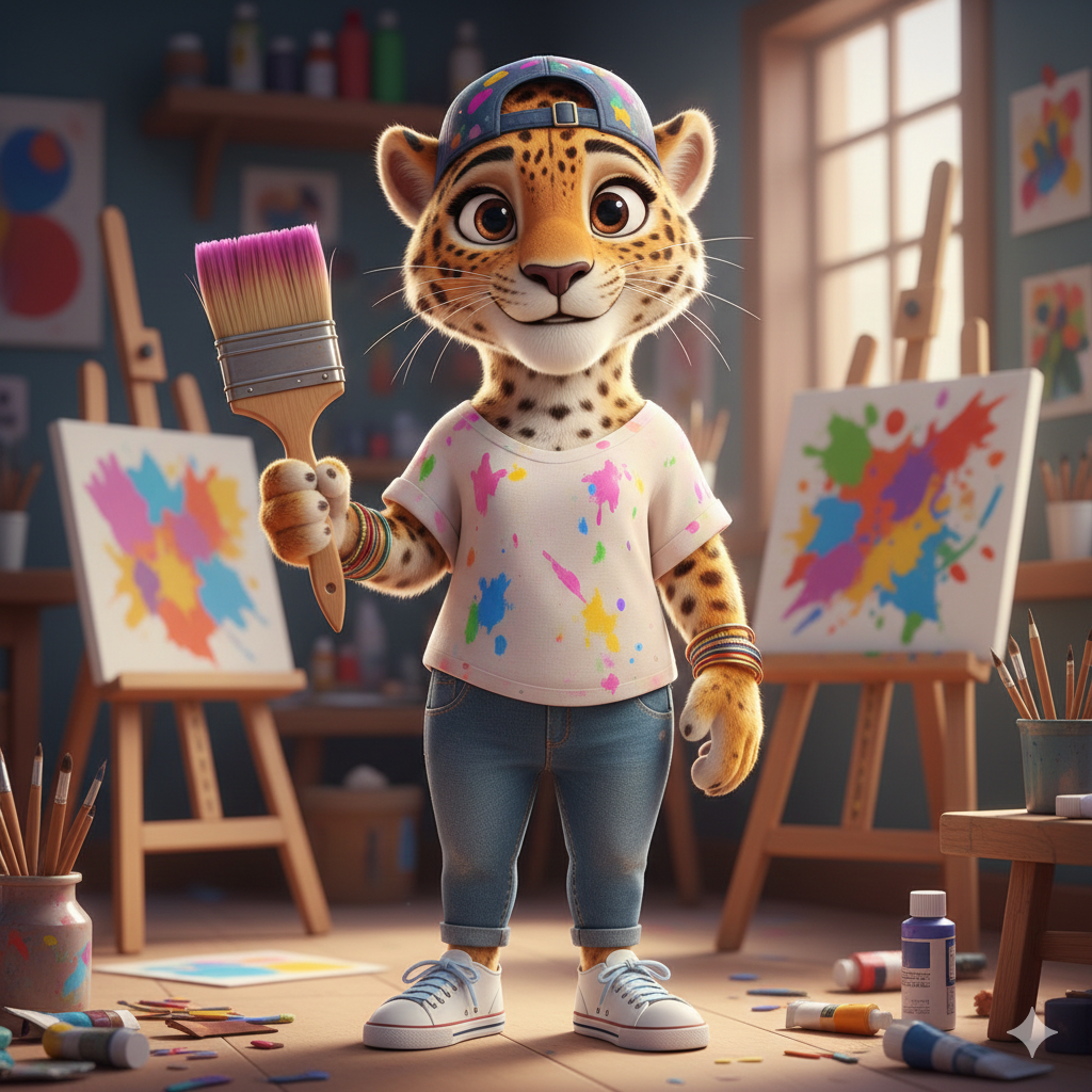 Nayra, jaguar artista con pincel y camiseta con pinturas, mascota del Colectivo Caminantes del Arte